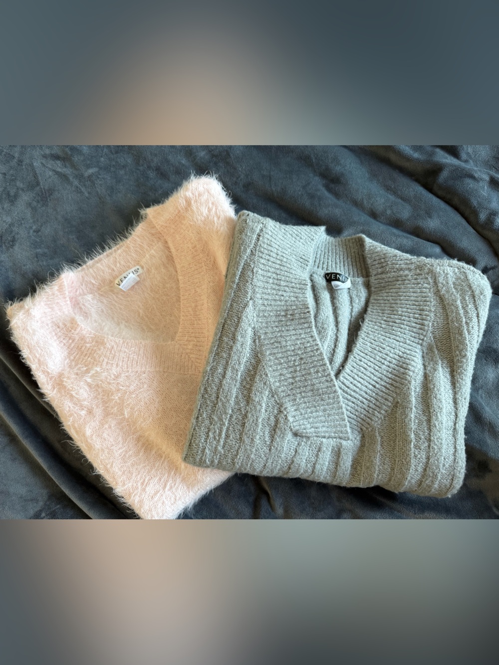 Pair of Venus acrylic Moda Blush Pink & Light Gray V-Neck Sweaters